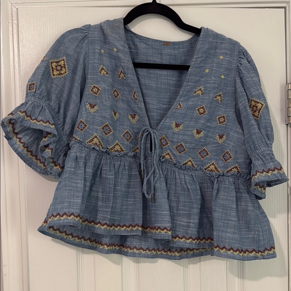 Embroidered Blue Peasant Top